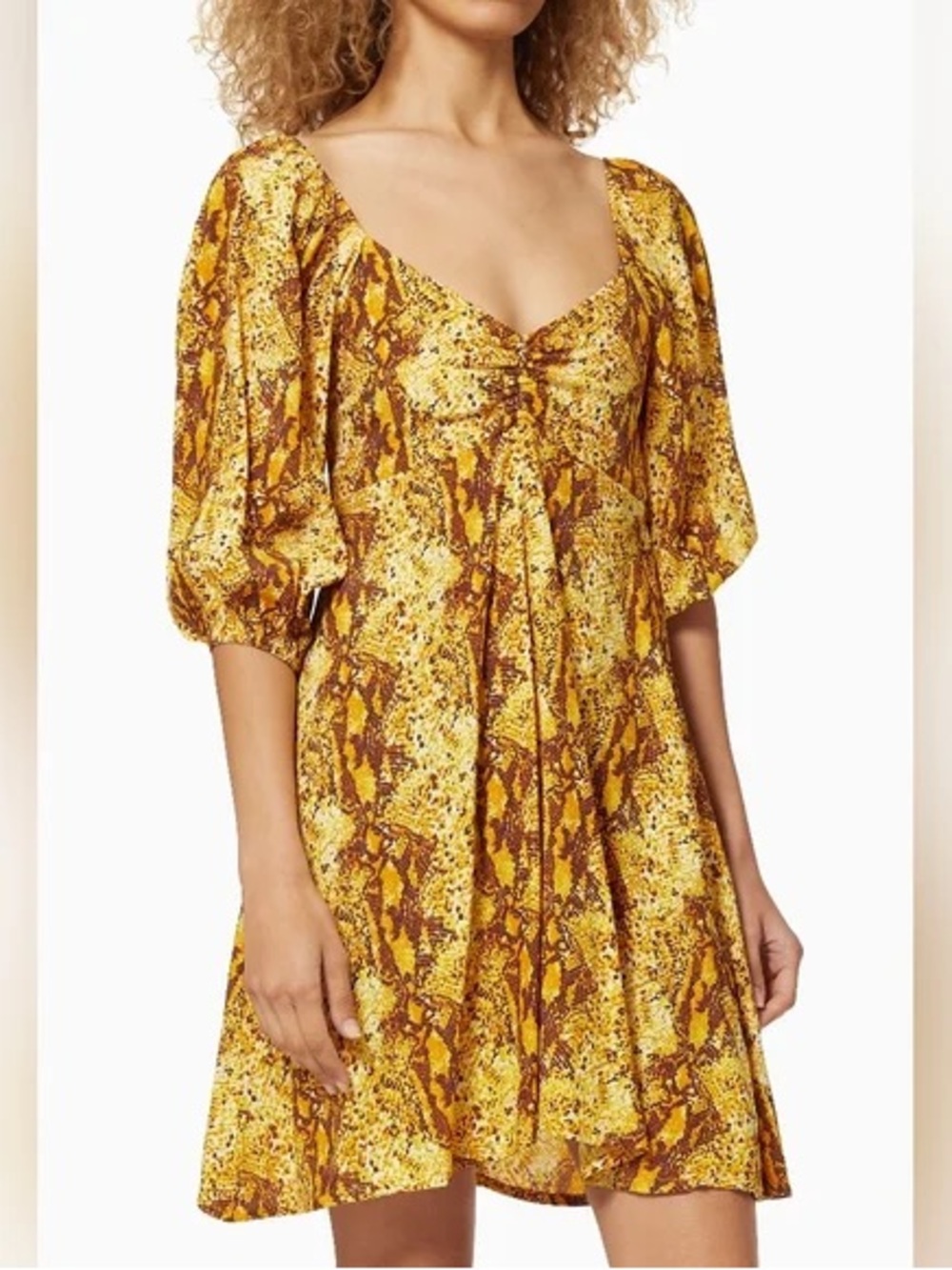 Faithfull The Brand Yellow and Brown Printed Mini Dress